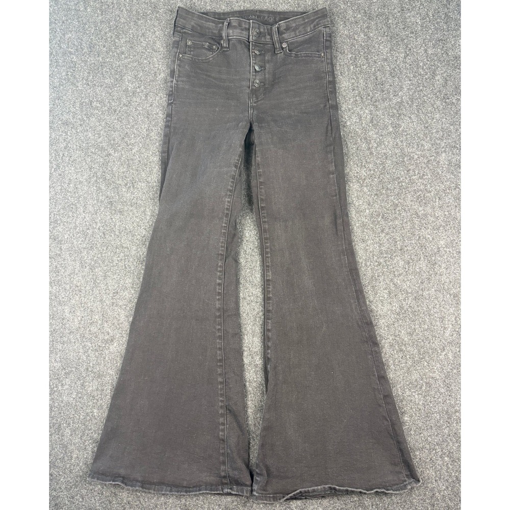 American Eagle Festival Flare Jeans Black High Rise Button Fly Size 4 Regular
